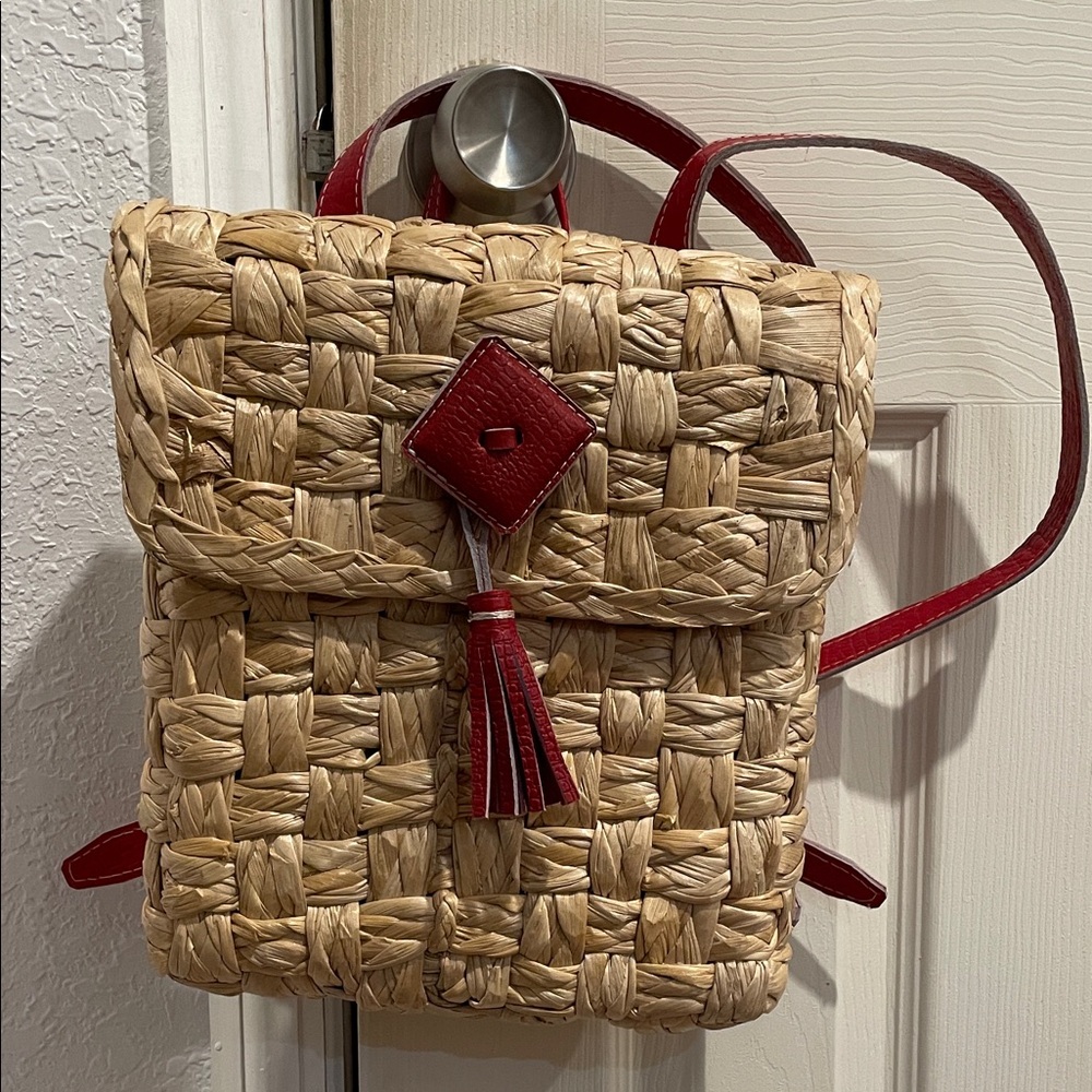 Woven Straw Backpack with Red Accents